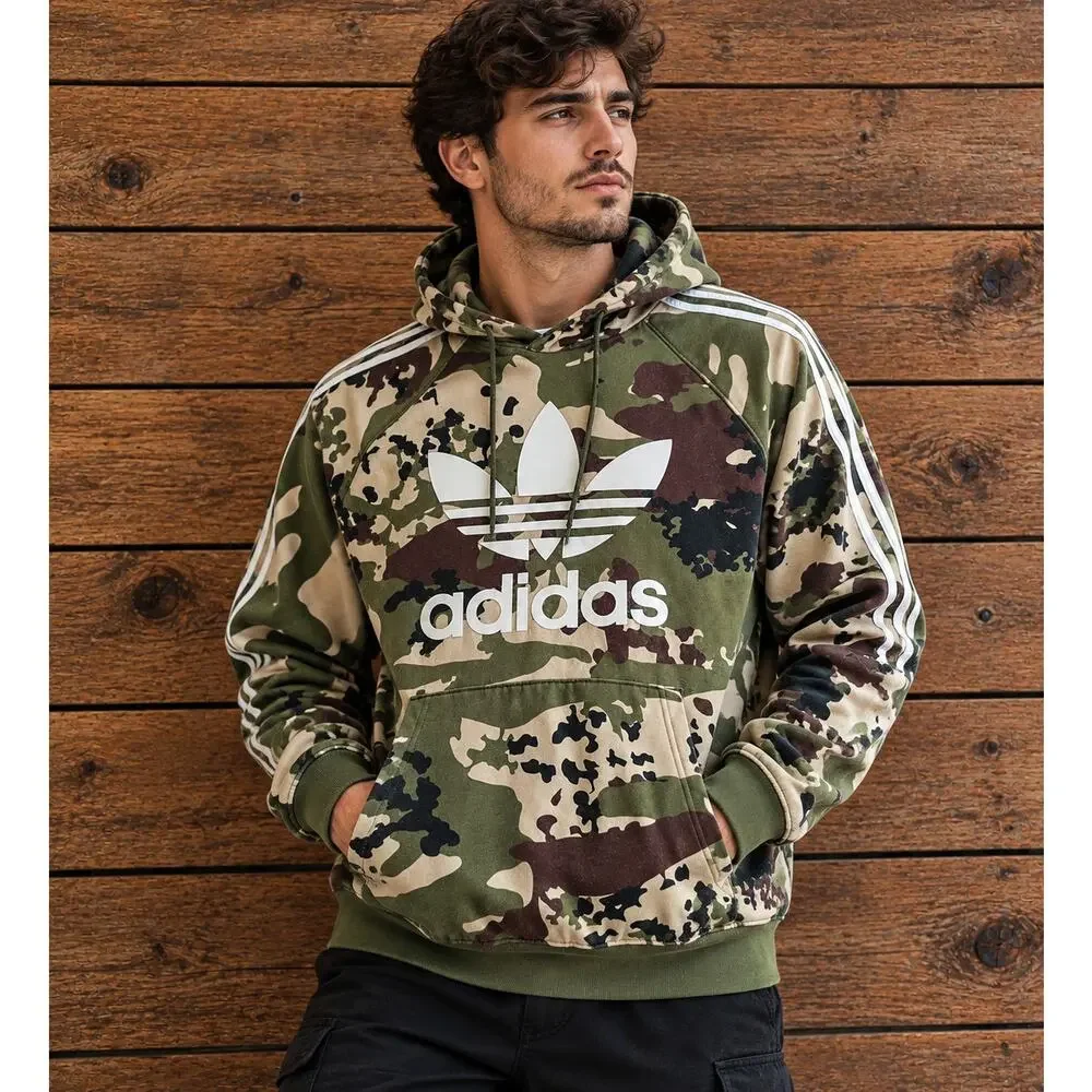 Adidas Originals Hoodie Mens M Green Brown Tan Camo Trefoil Pullover 3 Stripes